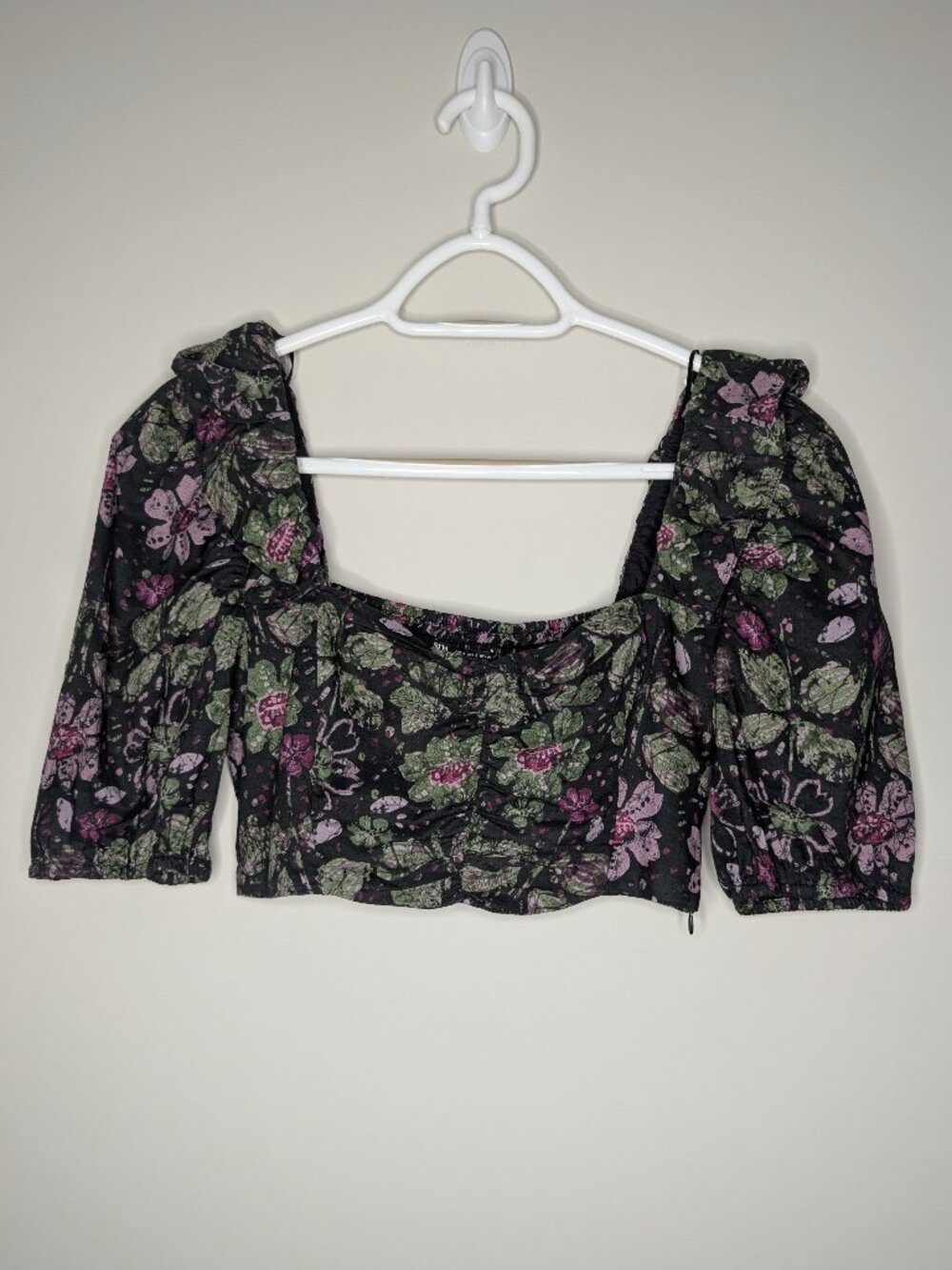 Zara Cropped Black / Green / Purple Floral Ruffle Puffed Sleeve Crop Top Size S